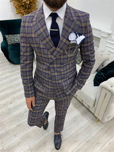 Purple Slim Fit Double Breasted Plaid Suit By
