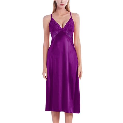 Baywell Womens Satin Long Chemise Nightgown Sexy Lace V Neck Lingerie Sleepwear Sleeveless Full