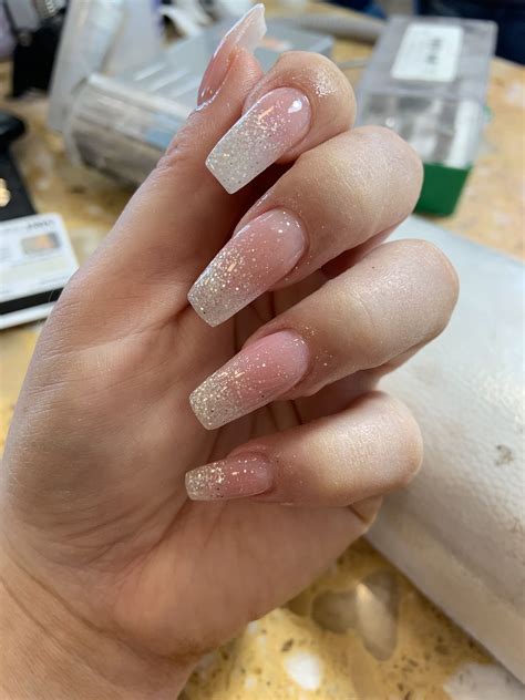 Coffin Shape Light Pink Ombré With White Glow Glitter Gradient Sparkly