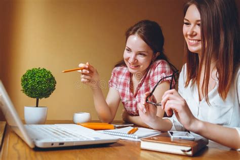 Two Girls Work At Office On Computer And Tablet Stock Image Image Of Elegant Accompany