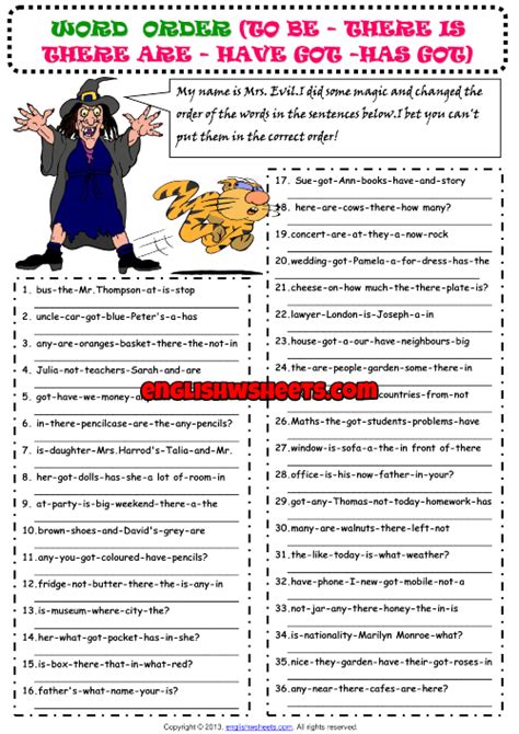 word order esl grammar exercise worksheet  kids