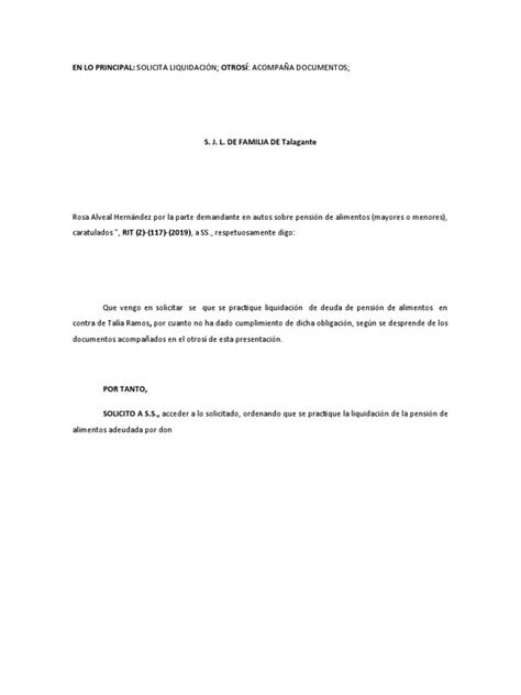 Modelo De Escrito Para Pedir La Liquidación De La Pensión De Alimentos