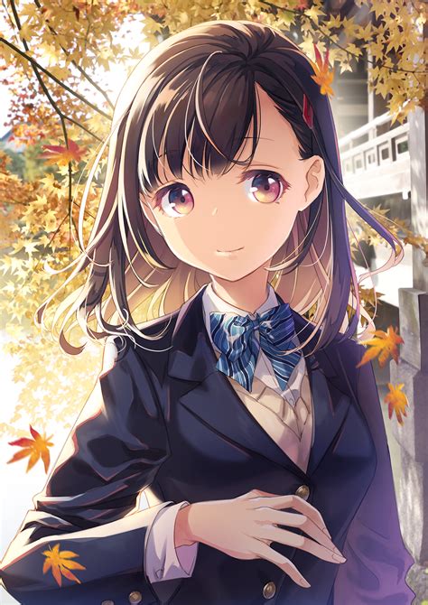 Safebooru 1girl Ahoge Autumn Autumn Leaves Black Hair Black Jacket Blazer Blue Bow Blue