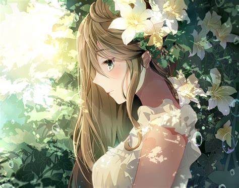 Long Hair Brunette Green Eyes Anime Anime Girls Flowers Hd Wallpapers Desktop And Mobile