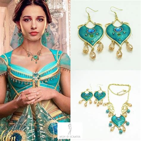 2019 Movie Aladdin Princess Jasmine Heart Necklace Earrings Naomi Scott Props Cosplay Set