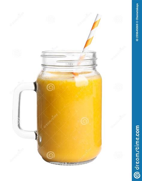 Mason Jar Of Tasty Mango Smoothie On White Background Stock Image Image Of Drink Nutrition