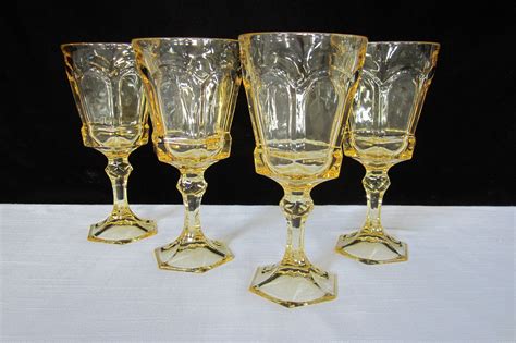 4 Pc Fostoria Virginia Yellow Water Glass Set Vintage Heavy Pressed Paneled Goblets Pattern
