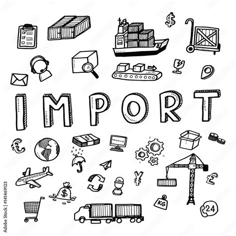 Hand Draw Import Business Doodles Icon Set For Global Transportation