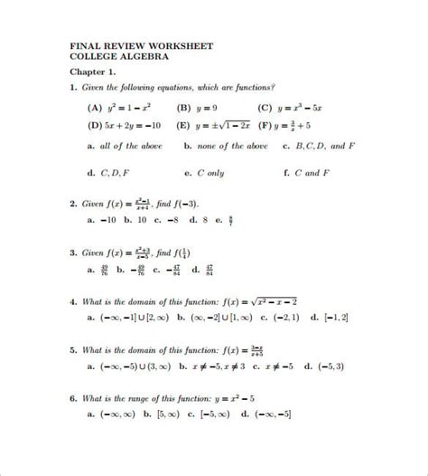 8 College Algebra Worksheet Templates Doc Pdf