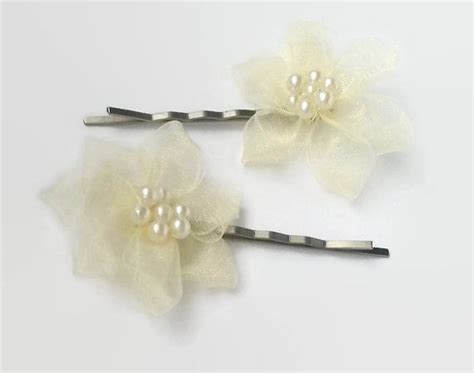 Set Of Two Cream Fabric Flower Bobby Pins With Imi Pearl Accents