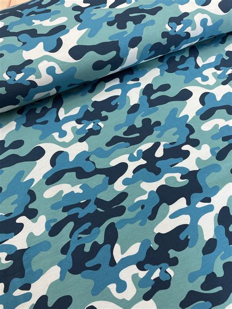 Camouflage Blue Cotton Jersey Fabric Etsy