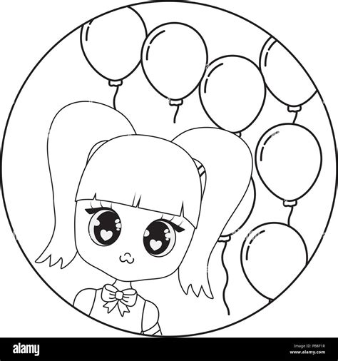 Happy Birthday Design With Cute Asian Girl With Balloons Over White Background Vector