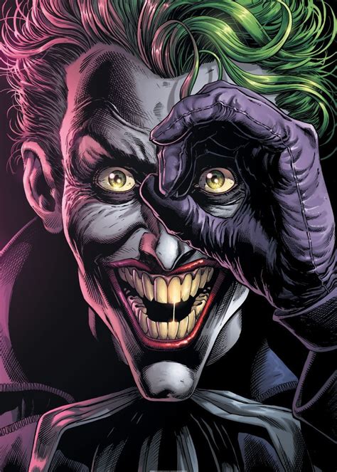 The Joker Is Holding His Hand Up To His Face With Green Hair And Yellow