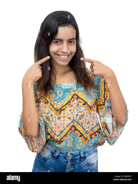 Smiling Mexican Young Adult Woman With Long Dark Hair On Isolated White Background For Cut Out