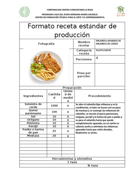 Formato Receta Estándar De Produccion 1 Pdf Cocinando Cocina Asiática