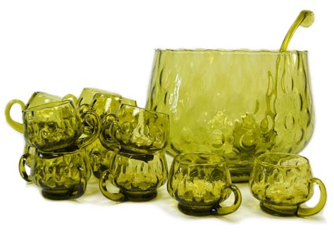 Green Glass Punch Bowl And 12 Cups By Murano Vintage Italian 1960s Punch Bowl Tableware