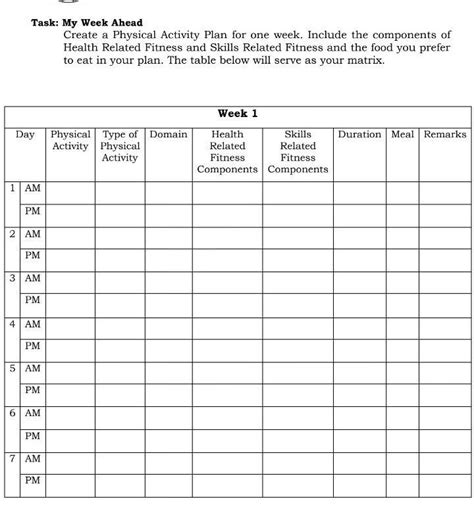 Task My Week Aheadcreate A Physical Activity Plan For One Week