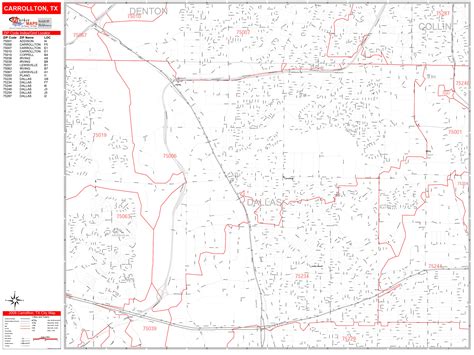 Carrollton Texas Zip Code Wall Map Red Line Style By Marketmaps