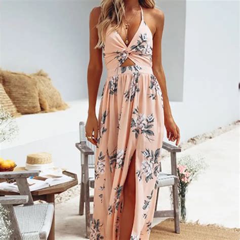 Sexy Long Beach Dress Maxi Dresse Women Halter Backless Floral Printed