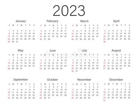 Calendar 2023 Year Vector Illustration The Week Starts On Sunday