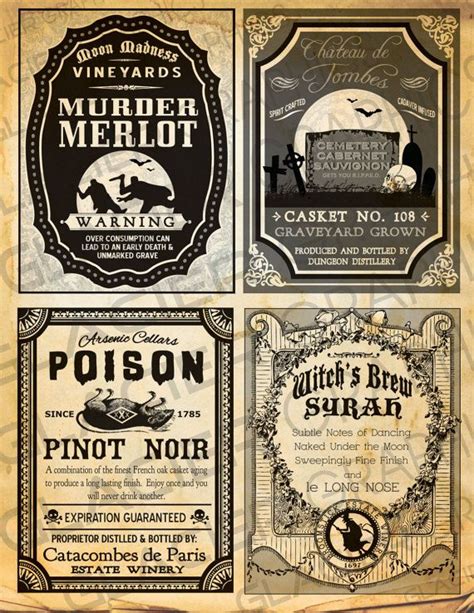 Digital Vintage Halloween Witch Red Wine Labels Halloween Bottle Labels