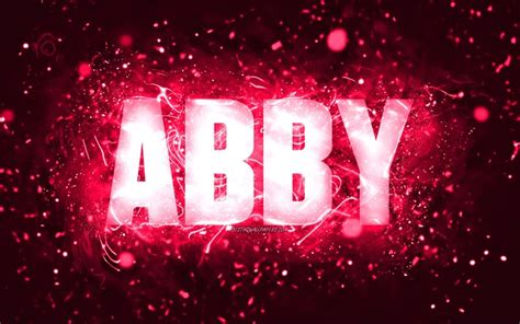 Download Wallpapers Happy Birthday Abby 4k Pink Neon Lights Abby