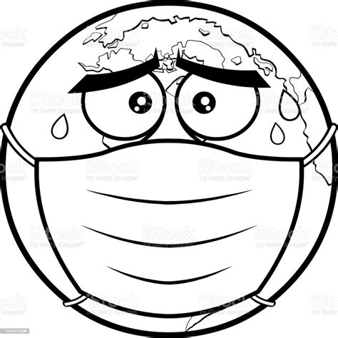 Outlined Sick Earth Globe Cartoon Character With Face Mask Stock