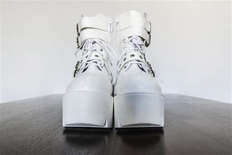 White Platform Boots With Buckles And Laces Stock Image Image Of