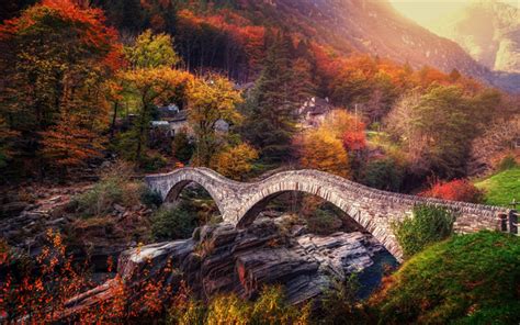 Download Wallpapers Verzasca Valley Switzerland Autumn Stone Bridge