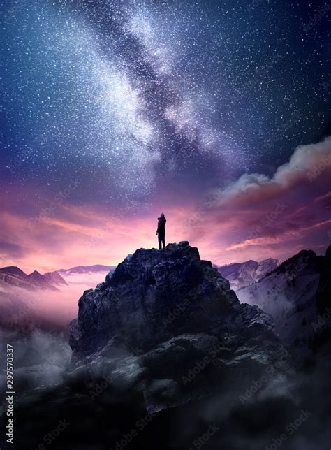 Night Sky Long Exposure Landscape A Man Standing On A High Rock