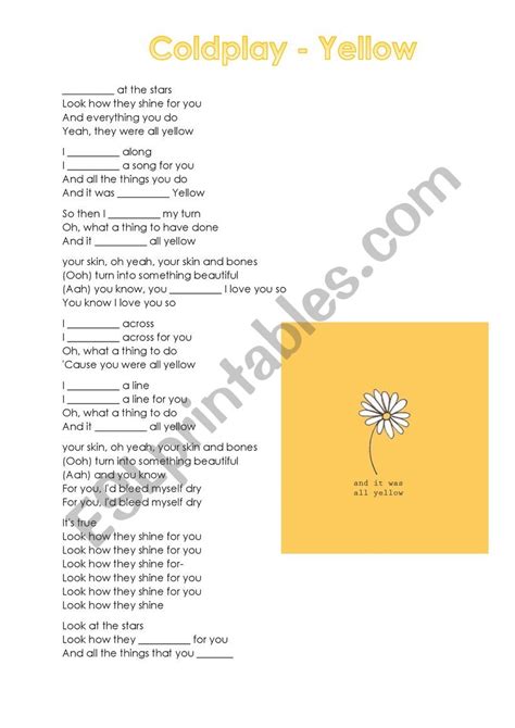 Coldplay Yellow Past Simple Esl Worksheet By Lunca00