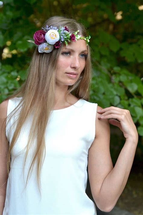White Burgundy Flower Crown Wedding Floral Headband Boho Bride Etsy