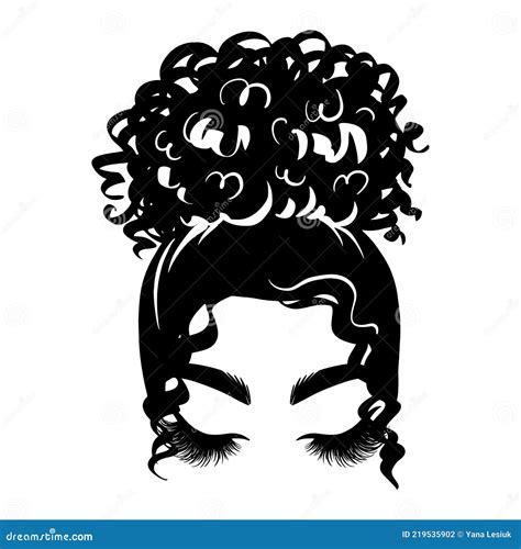 Afro Messy Hair Bun Long Black Lashes Vector Woman Silhouette With