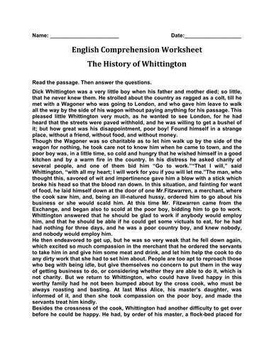 english comprehension worksheet the history of whittington teaching resources