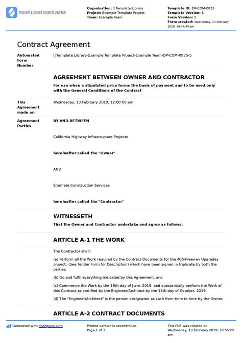 Scope Of Work Agreement Template