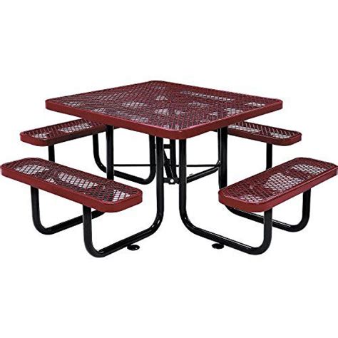 Black powder coated galvanized steel 23/8″ tubular legs. 46" Square Expanded Metal Picnic Table, Red | Metal picnic tables, Sectional sofa with recliner ...
