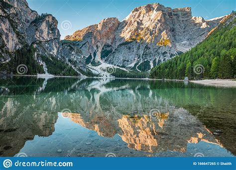 Lago Di Braies In Dolomites At Sunrise Italy Stock Image Image Of