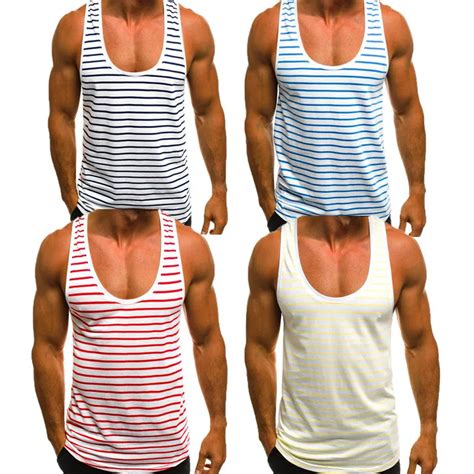 Men Bodybuilding Striped Tank Tops Sleeveless Workout Fitness Pop Vest