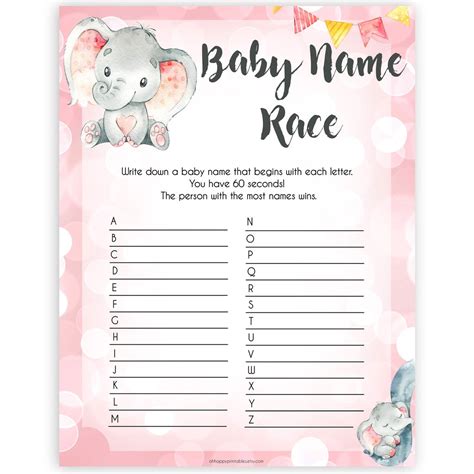 Since its for boys, you will get to see the shades of blue, and gray. Baby Name Race Game - Printable Pink Elephant Baby Shower Games - OhHappyPrintables