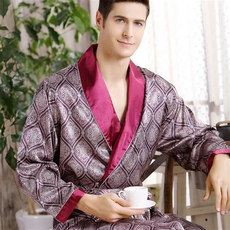Kimono Men Home Silk Bathrobe Soft Cozy Long Sleeved Bath Gown Printed Geometric Robes V Neck