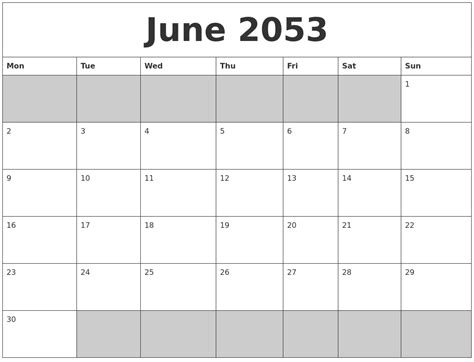 June 2053 Blank Printable Calendar