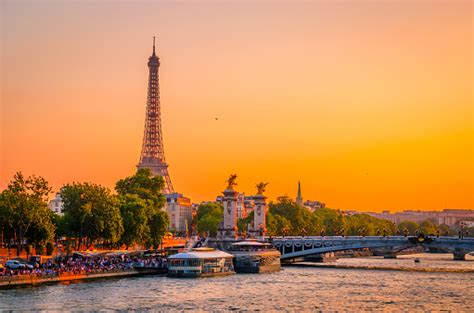 Sunset View Of Eiffel Tower Alexander Iii Bridge And River Seine In