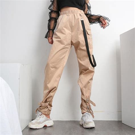 Buy High Waist Pants Women Jogger Spring Female Side Ribbon Cargo