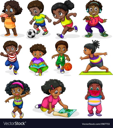 Black Kids Engaging In Different Activities Vector Image