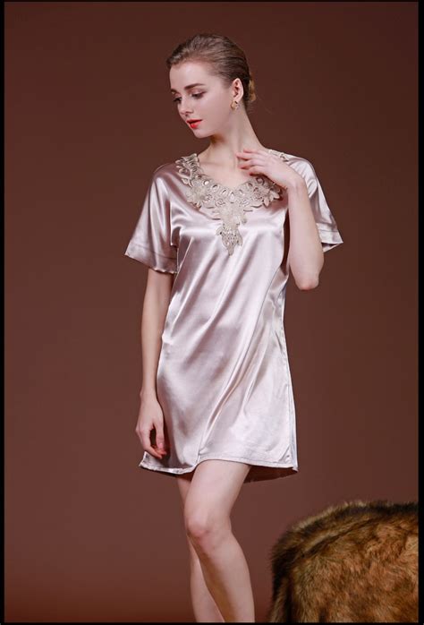 Summer Womens Silk Nightgowns Stain Short Sleeve Sleepwear Night Dress Robes Sleepshirtssilk