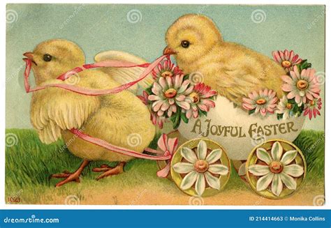 Vintage Easter Greeting Card Illustration With Bunnies Eggs Chicks