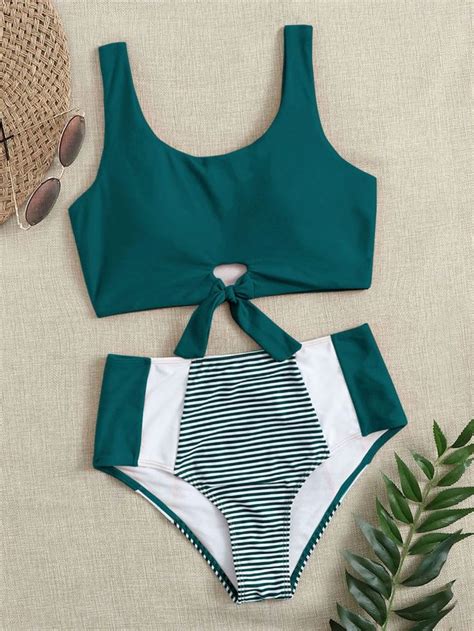 Striped Knot Hem High Waisted Bikini Swimsuit Swimsuits Outfits Cute Bathing Suits Swimsuits