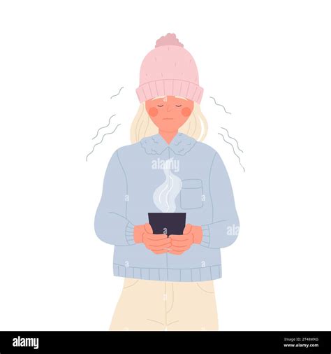 freezing girl with warm drink feeling winter cold lady shivering cartoon vector illustration