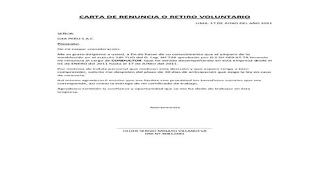 Carta De Renuncia O Retiro Voluntario Pdf Document