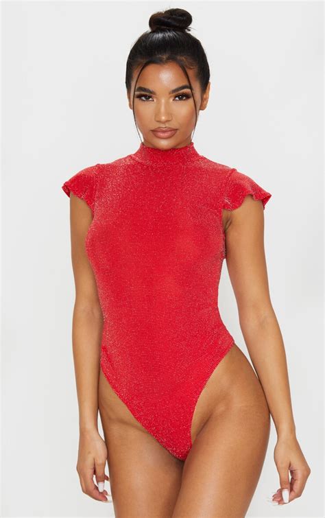 Red Glitter Frill Sleeve High Neck Bodysuit Prettylittlething Usa